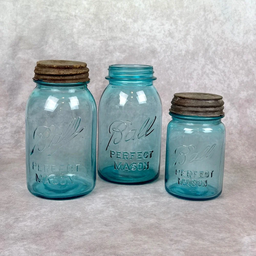 Vintage Ball Perfect Mason Jars Aqua Blue Glass Set of 3 Zinc Lids Antique Decor